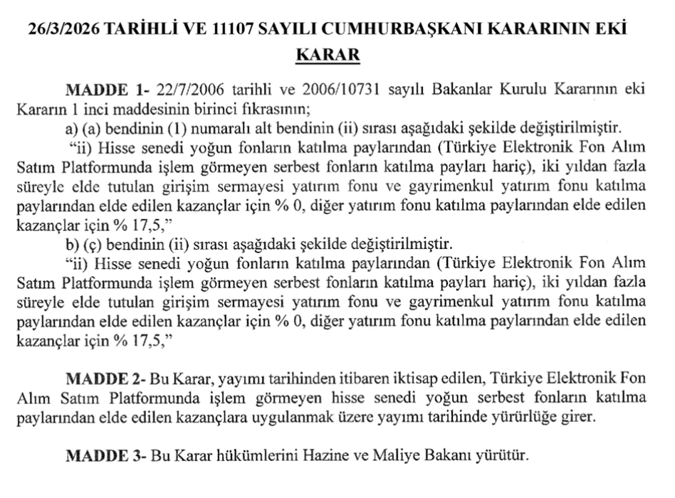 Resmi Gazete’de yayımlandı: Yatırım fonlarında vergi düzenlemesi