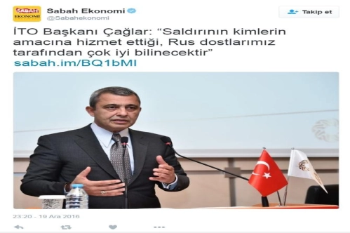 İTO Başkanı Çağlar: Saldırının kimlerin amacına hizmet ettiği, Rus dostlarımız tarafından çok iyi bilinecektir İTO Başkanı Çağlar: Saldırının kimlerin amacına hizmet ettiği, Rus dostlarımız tarafından çok iyi bilinecektir