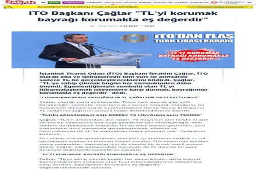 İTO Başkanı Çağlar: TL'yi korumak bayrağı korumakla eş değerdir İTO Başkanı Çağlar: TL'yi korumak bayrağı korumakla eş değerdir