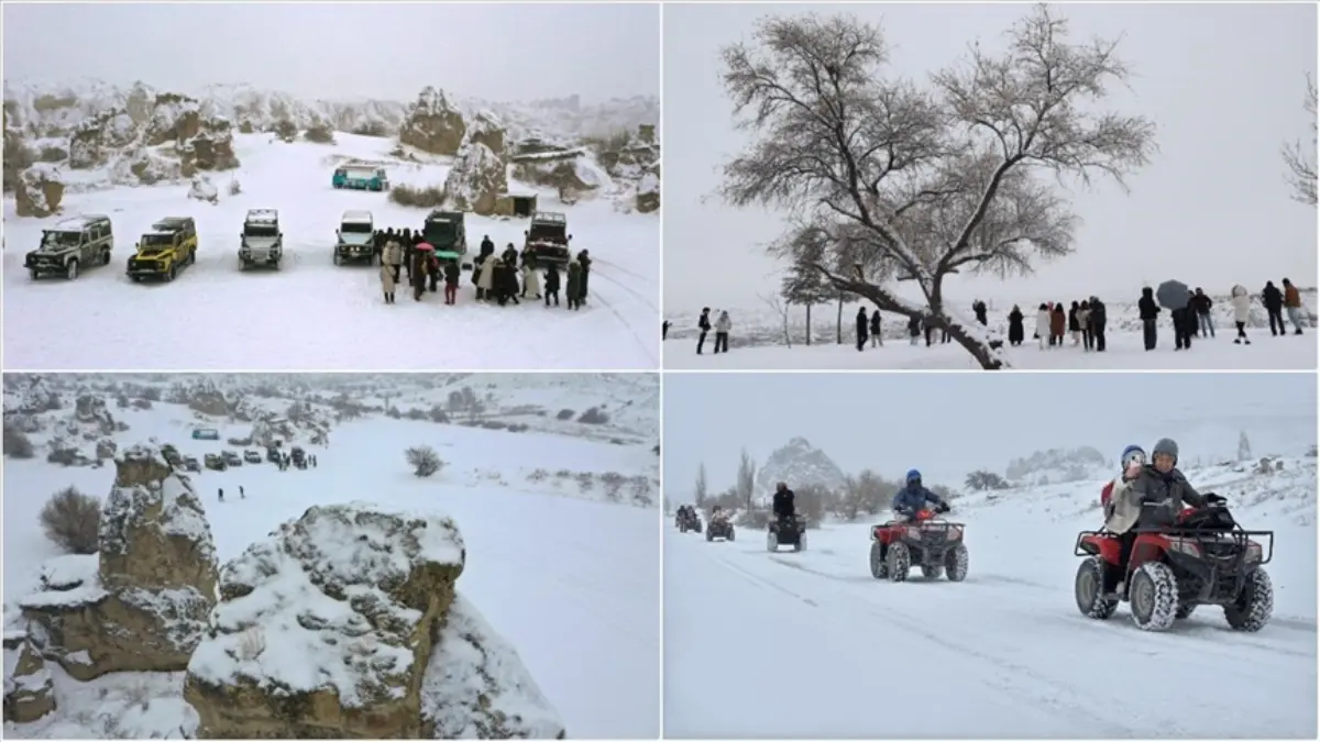 Kar güzelliği eklenen Kapadokya turistleri büyüledi Kar güzelliği eklenen Kapadokya turistleri büyüledi